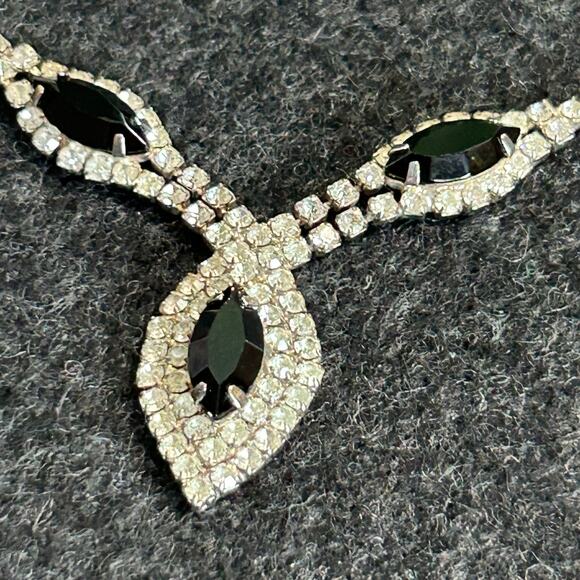 Mid-Century Clear Rhinestone and Black Stone Drop Necklace and Earrings Set - Picture 7 of 10